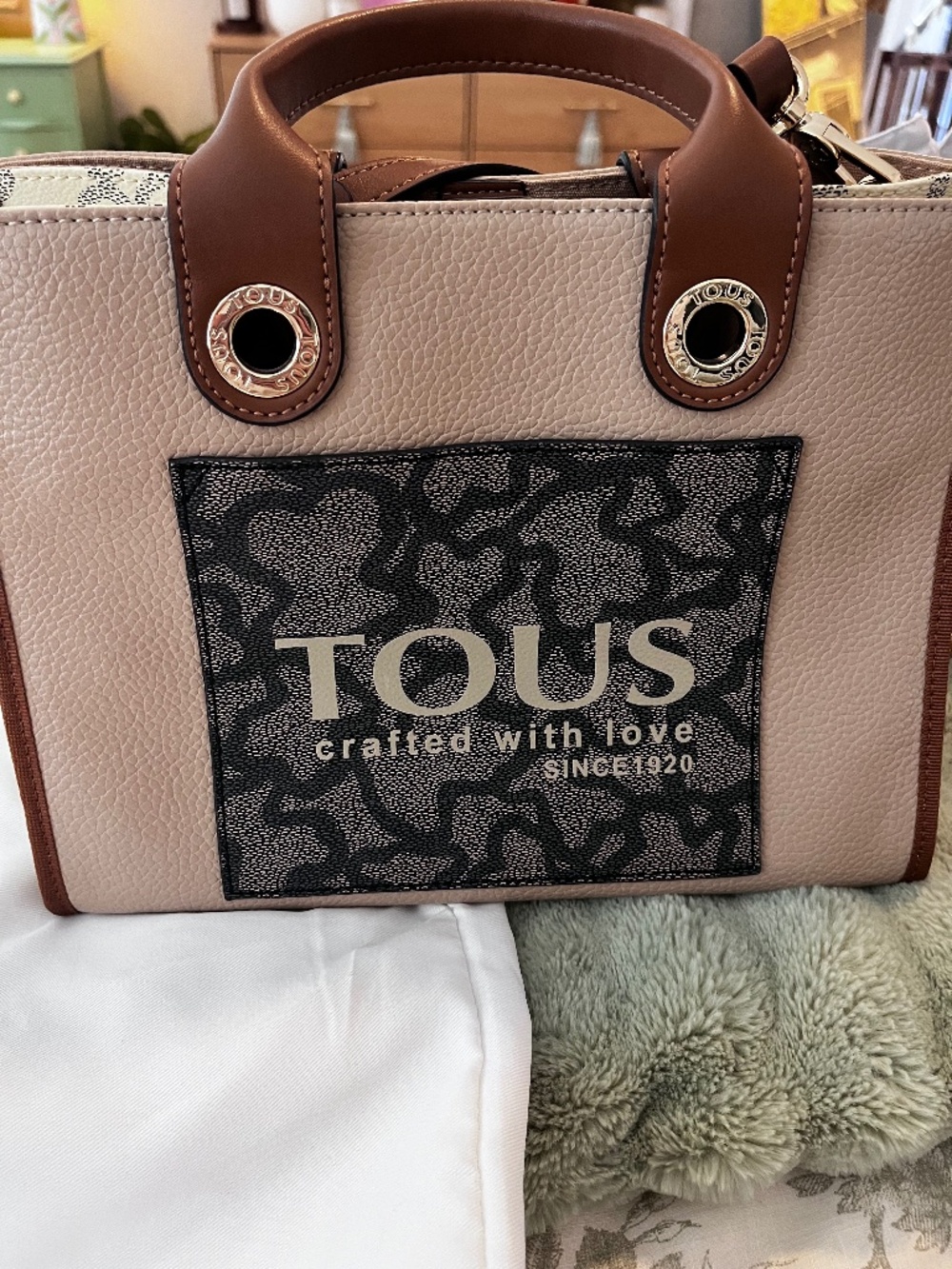 TOUS Amaya Kaos Icon Medium Brown Beige Satchel Crossbody Bag NWT